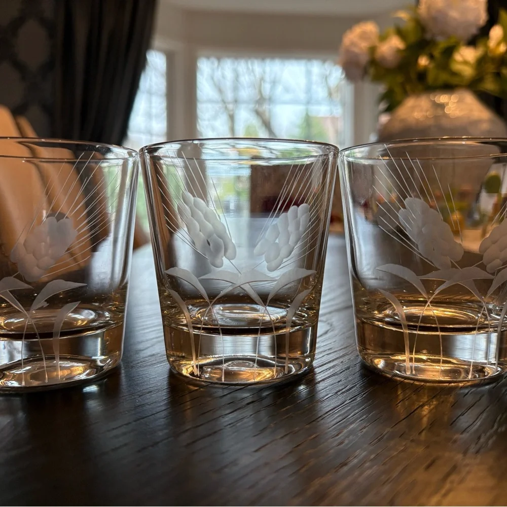 Vintage Wheat Etched Floral Clear Old Fashioned Glass Tumblers by Javit Set of 3